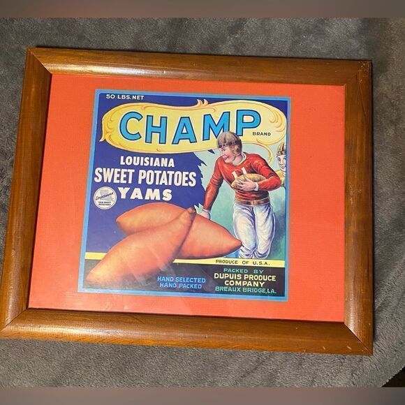 Vintage Framed LSU tigers champs Louisiana sweet potatoes and yams crate label - Picture 1 of 4